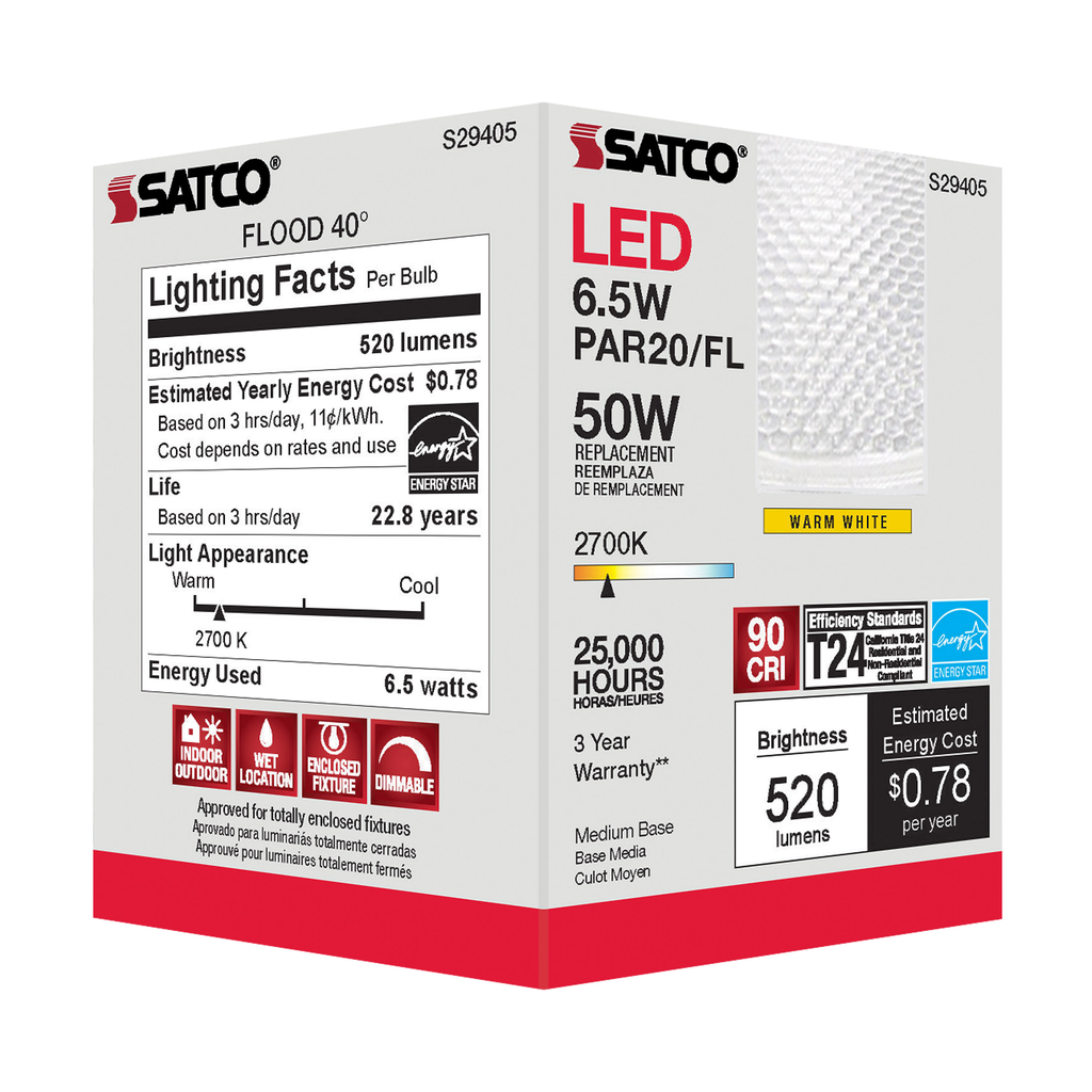 6.5 Watt; PAR20 LED; 2700K; 40 deg. Beam Angle; Medium base; 120 Volt