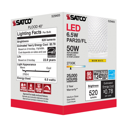 6.5 Watt; PAR20 LED; 2700K; 40 deg. Beam Angle; Medium base; 120 Volt