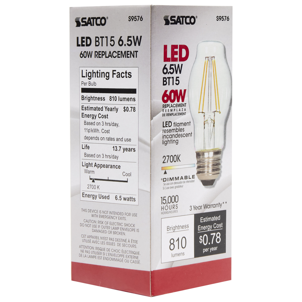 6.5 Watt BT15 LED; Clear; Medium base; 2700K; 810 Lumens; 120 Volt