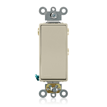 15 Amp, 120/277 Volt, Decora Plus Rocker Double-Throw Ctr-OFF Momentary Contact Single-Pole AC Quiet Switch, Commercial Spec Grade, Self Grounding, Back & Side Wired, - Ivory
