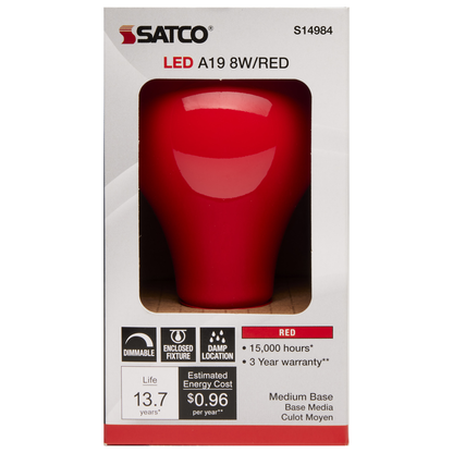8 Watt A19 LED; Ceramic Red; Medium base; 360 deg. Beam Angle; 120 Volt