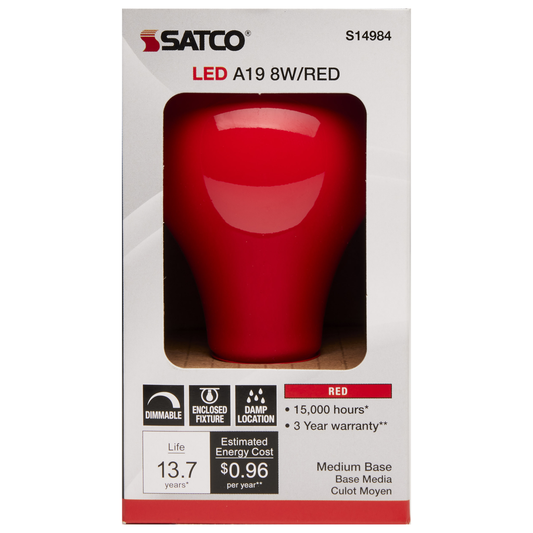 8 Watt A19 LED; Ceramic Red; Medium base; 360 deg. Beam Angle; 120 Volt