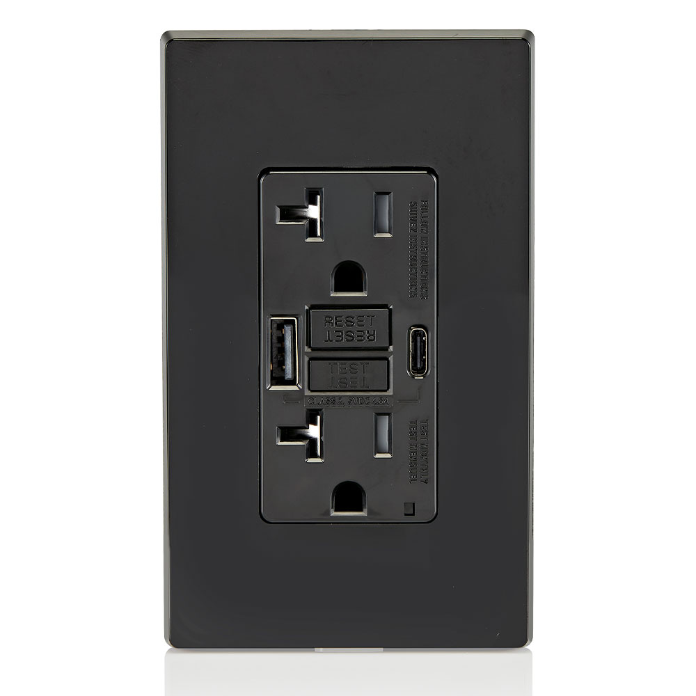20A SmartlockPro® Self-Test GFCI Combination 24W(4.8A) Type A/C USB In-Wall Charger Outlet – Black
