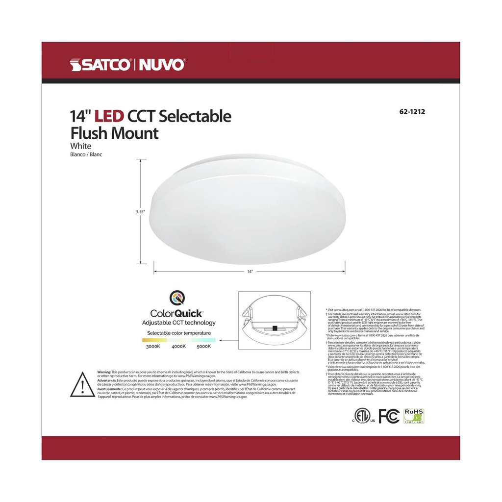 14 inch, Acrylic Round, Flush Mounted, LED Light Fixture, CCT Selectable, White Finish, 120V