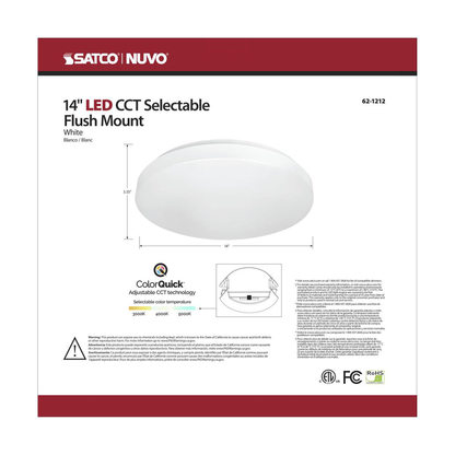 14 inch, Acrylic Round, Flush Mounted, LED Light Fixture, CCT Selectable, White Finish, 120V