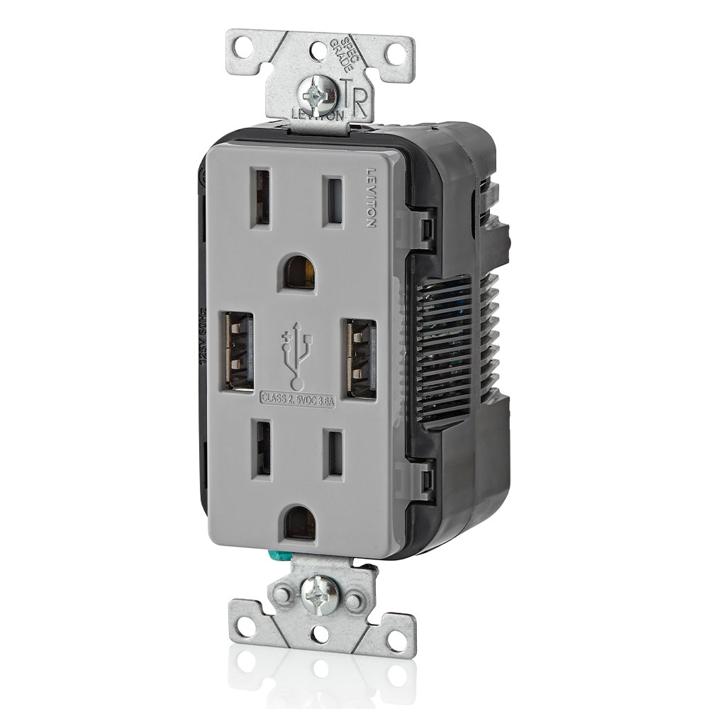 3.6A USB Type-A/Type-A Wall Outlet Charger with 15A Tamper-Resistant Receptacles