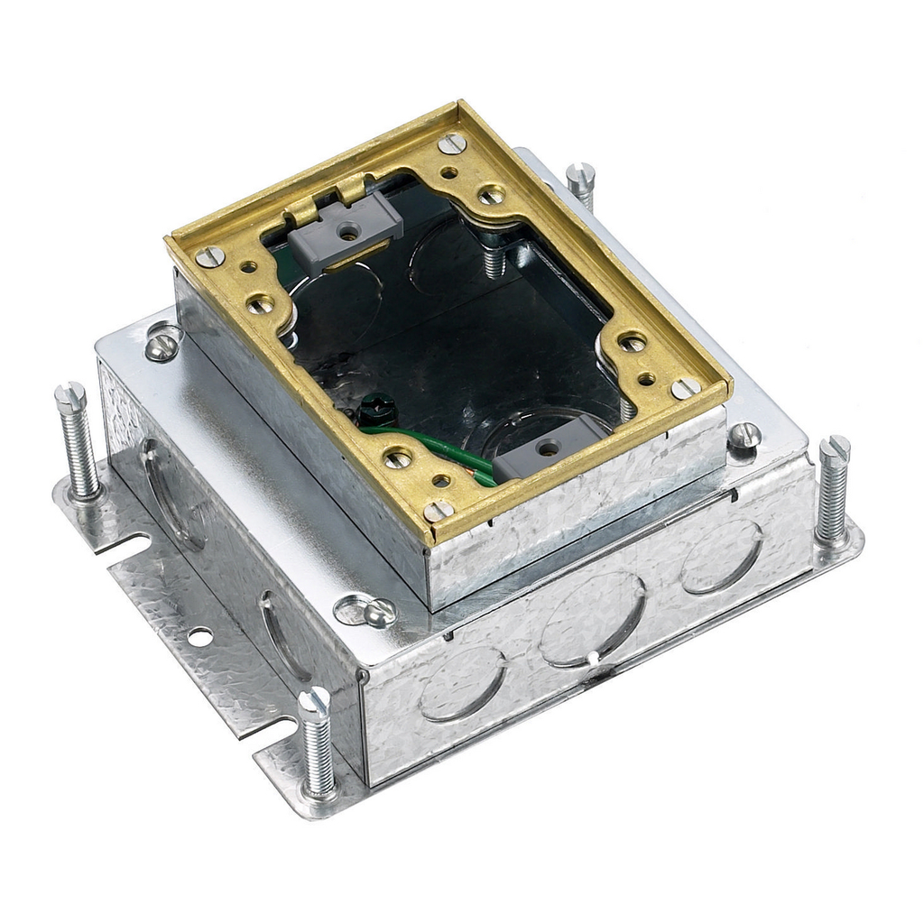 1-Gang, Rectangular, Galvanized Stamped Steel Box, Shallow, Fully Adjustable, Single Service, Brass Top