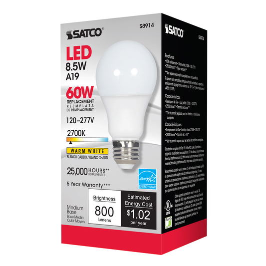 8.5 Watt; A19 LED; 2700K; Medium base; 220 deg. Beam Angle; 120-277 Volt