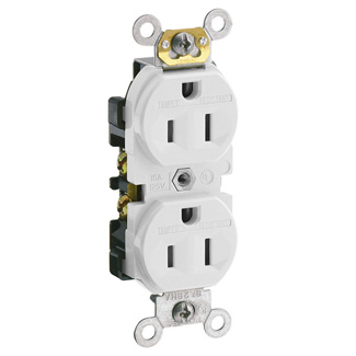 15 Amp, 125 Volt, NEMA 5-15R, 2P, 3W, Narrow Body Duplex Receptacle, Straight Blade, Commercial Grade, Self Grounding, Tamper-Resistant, Side Wired, Steel Strap - WHITE