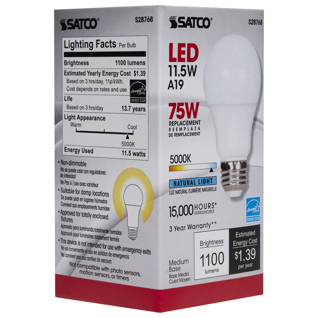 11.5 Watt; A19 LED; 5000K; Medium base; 220 deg. Beam Angle;120 Volt