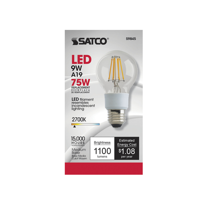 9 Watt A19 LED; Clear; Medium base; 2700K; 1100 Lumens; 120 Volt