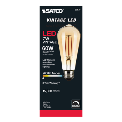 7 Watt ST19 LED; Transparent Amber; Medium base; 2000K; 650 Lumens; 120 Volt