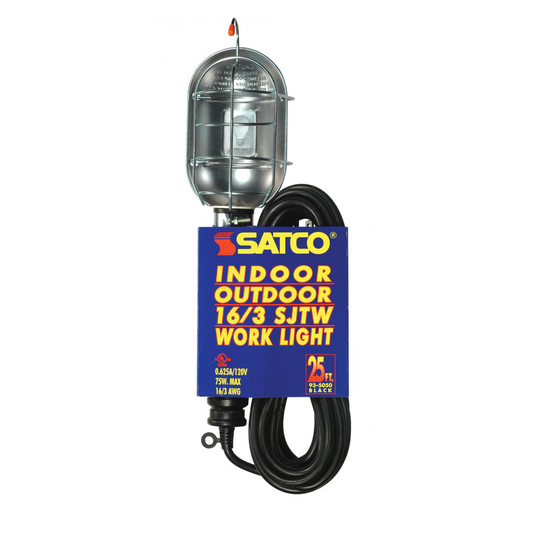 25 Foot, 3 Wire Black Metal Trouble Light With Cage And Yellow Outlet, Indoor And Outdoor Use, 0.625A-120V, 75W Max