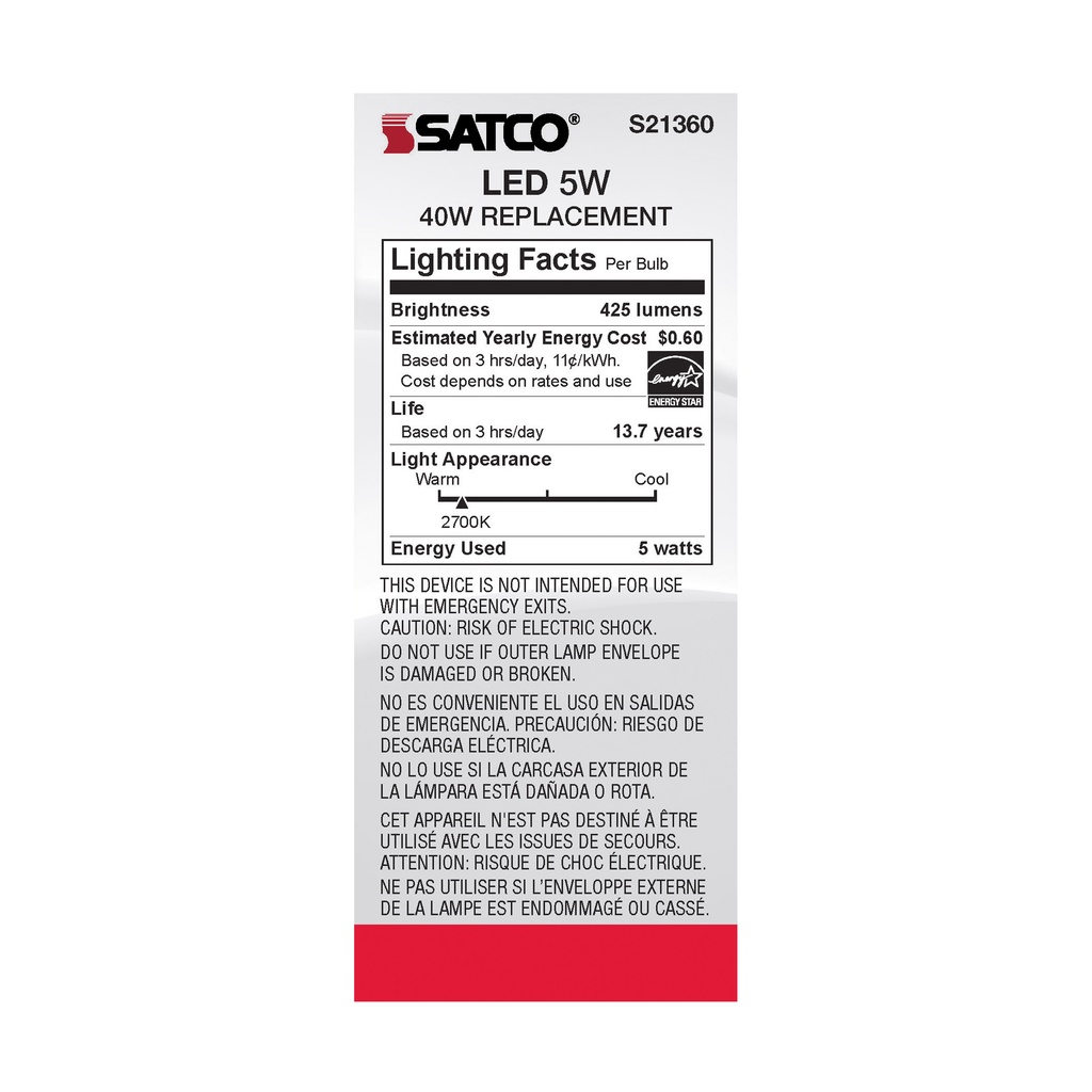 5 Watt ST19 LED; Clear; Medium base; 90 CRI; 2700K; 120 Volt