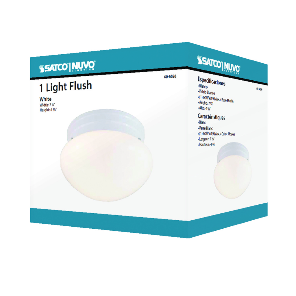 1 Light - 8" - Flush Mount - Small White Mushroom, Color retail packaging