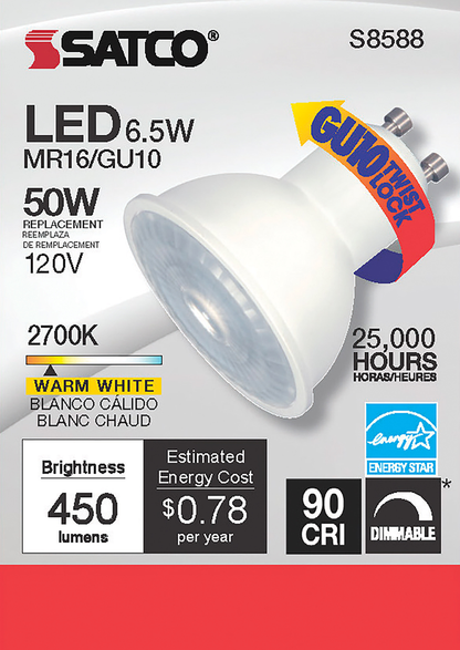6.5 Watt; LED MR16 LED; 2700K; 40 deg. Beam Angle; GU10 base; 120 Volt