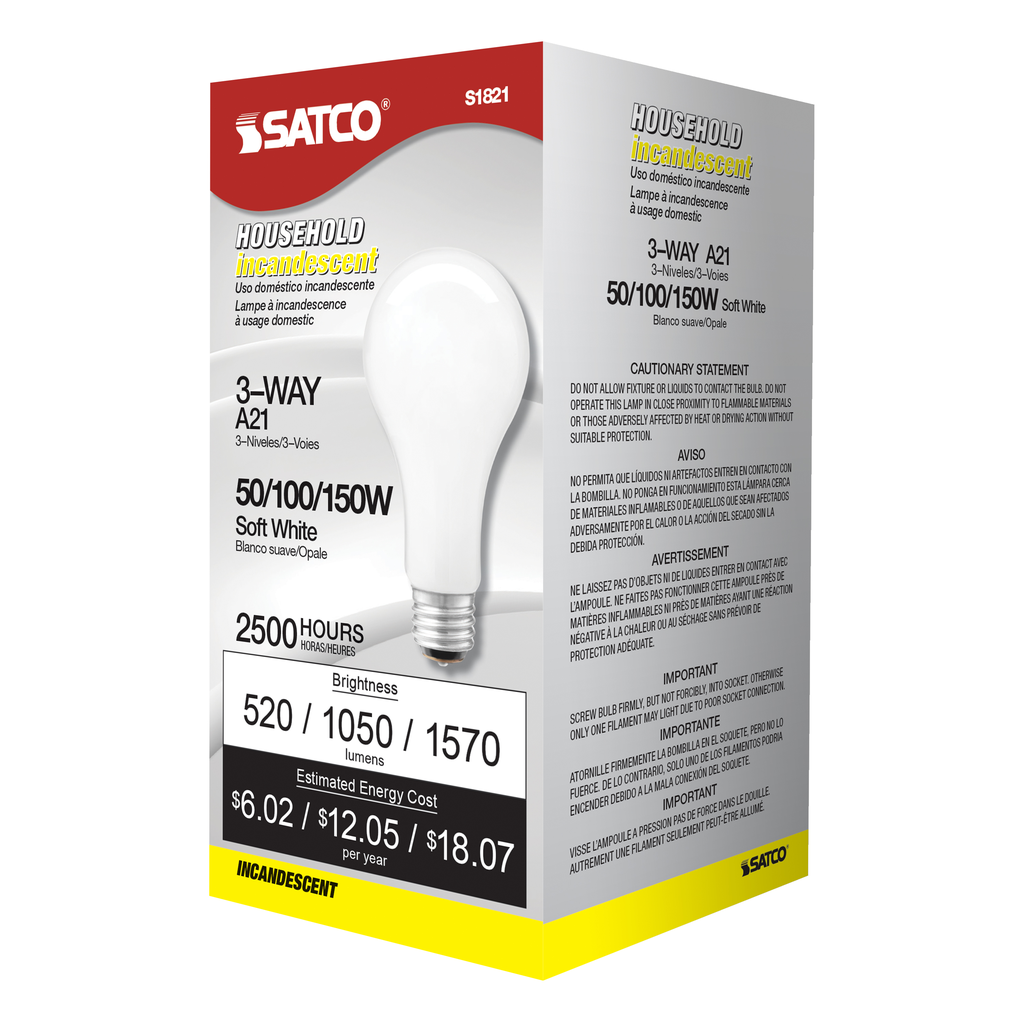 50/100/150 Watt A21 Incandescent; White; 2500 Average rated hours; Medium base; 120 Volt