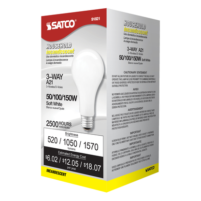 50/100/150 Watt A21 Incandescent; White; 2500 Average rated hours; Medium base; 120 Volt