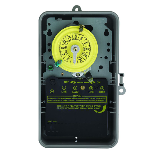 24-Hour Mechanical Time Switch, 120 VAC, 60Hz, SPST, Indoor/Outdoor Plastic with See-Through Door Enclosure, 1 Hour Interval