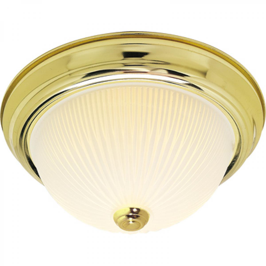 2 Light - 11" Flush with Frosted Ribbed - Polished Brass Finish