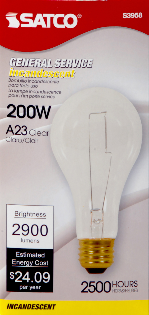 200 Watt A23 Incandescent; Clear; 2500 Average rated hours; 2900 Lumens; Medium base; 120 Volt