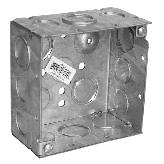 AR232 - 4 IN. SQUARE BOX, WELDED, 2-1/8 IN. DEEP, TEN 1/2 IN KO'S & SIX TKO'S, RAISED GROUND..