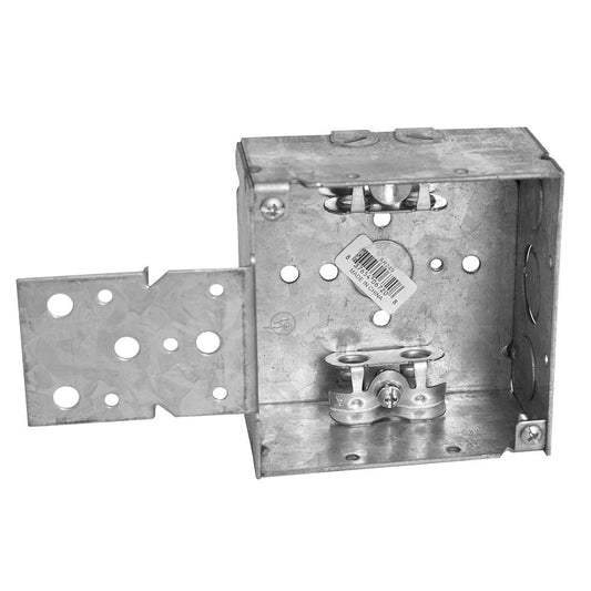 AR249 - 4" SQUARE BOX, 2-1/8" DEEP, 1/2" & 3/4" SIDE KNOCKOUTS, MC/BX CABLE CLAMPS, WOOD STUD BRACKET, WELDED..