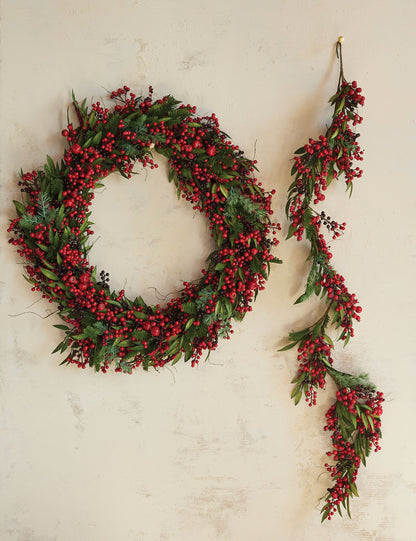 Faux Spruce Garland with Red Berries and Pinecones