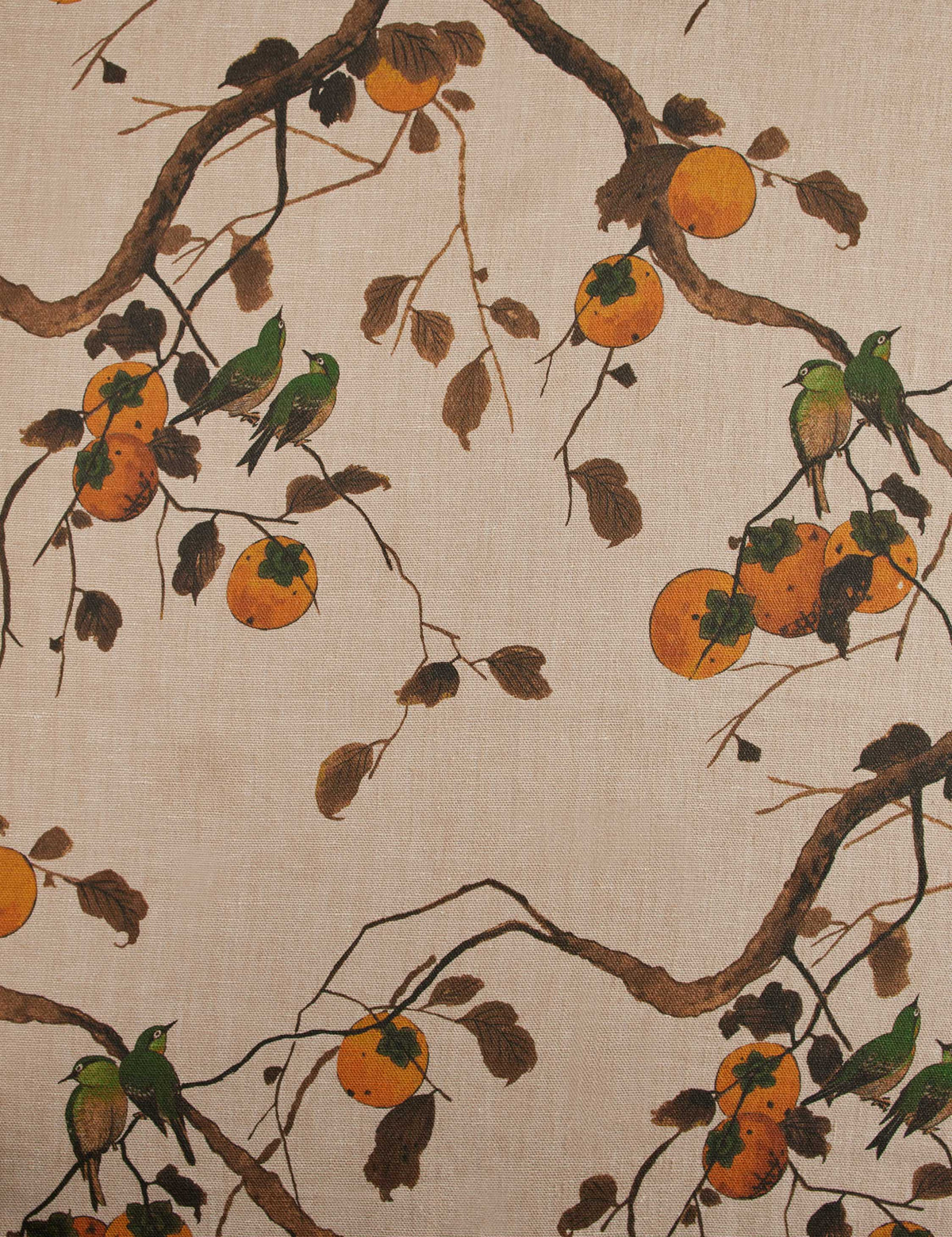 Persimmon Birds Flax Linen Fabric by Nathan Turner