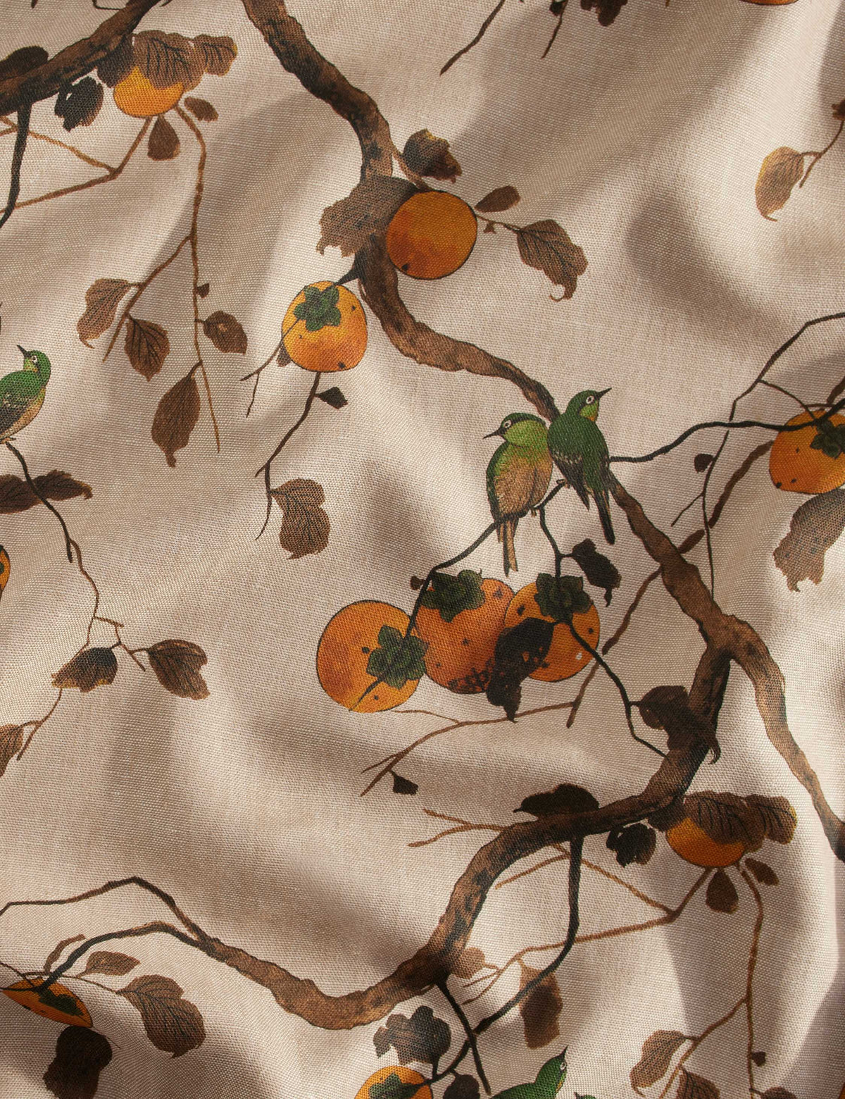 Persimmon Birds Flax Linen Fabric by Nathan Turner