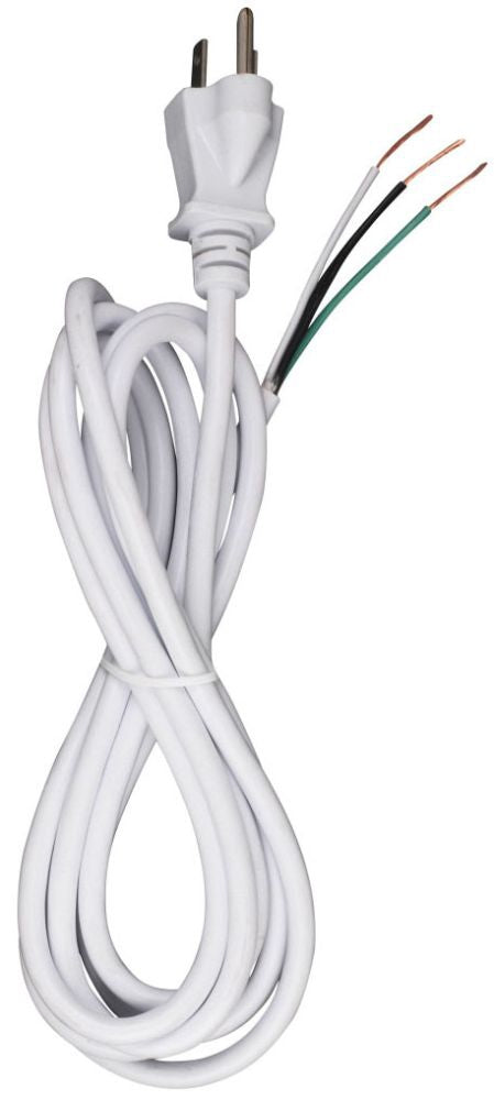 8 Foot 18/3 SVT 105C Heavy Duty Cord Set; White Finish; 100 Carton; 3 Prong Molded Plug; Stripped And Slit; 1/4" Diameter
