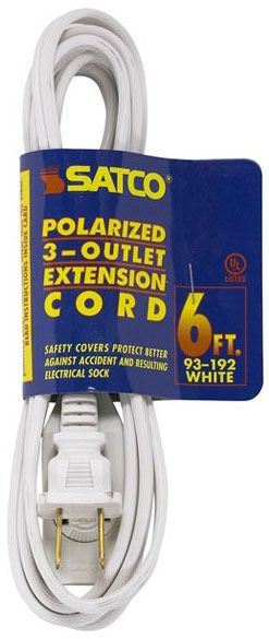 6 Foot Extension Cord; White Finish; 16/2 SPT-2; Indoor Only; 13A-125V-1625W Rating