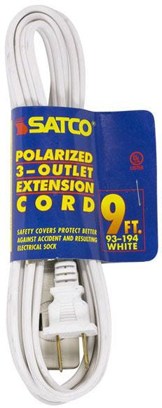 9 Foot Extension Cord; White Finish; 16/2 SPT-2; Indoor Only; 13A-125V-1625W Rating