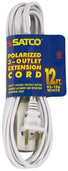 12 Foot Extension Cord; White Finish; 16/2 SPT-2; Indoor Only; 13A-125V-1625W Rating