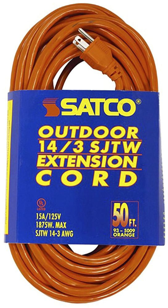 50 Foot Orange Heavy Duty Outdoor Extension Cord; 14/3 Ga. SJTW-3 Orange Cord With Sleeve; 15A-125V; 1875W