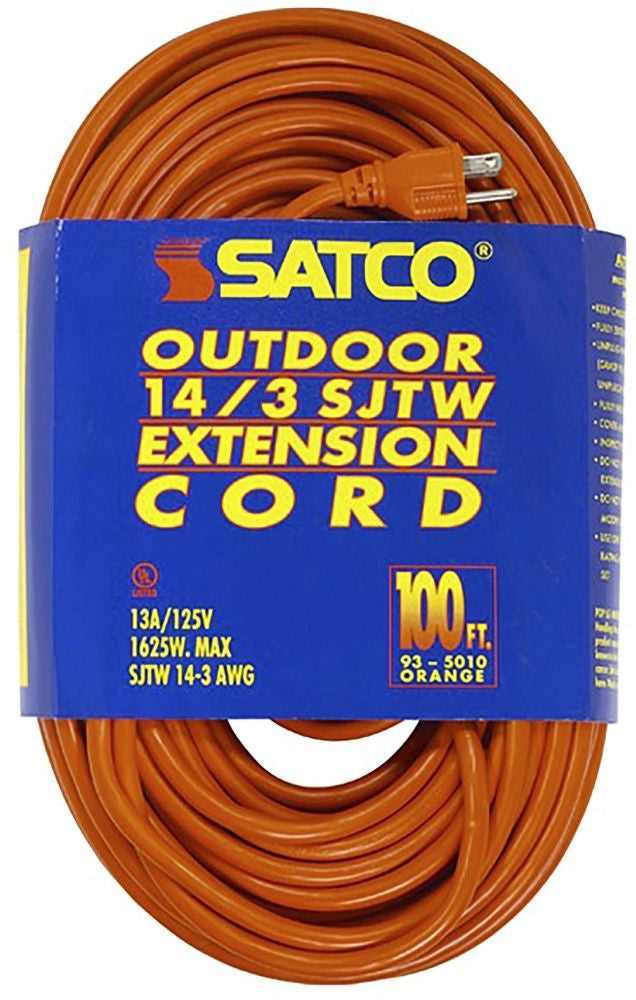 100 Foot Orange Heavy Duty Outdoor Extension Cord; 14/3 Ga. SJTW-3 Orange Cord With Sleeve; 13A-125V; 1625W