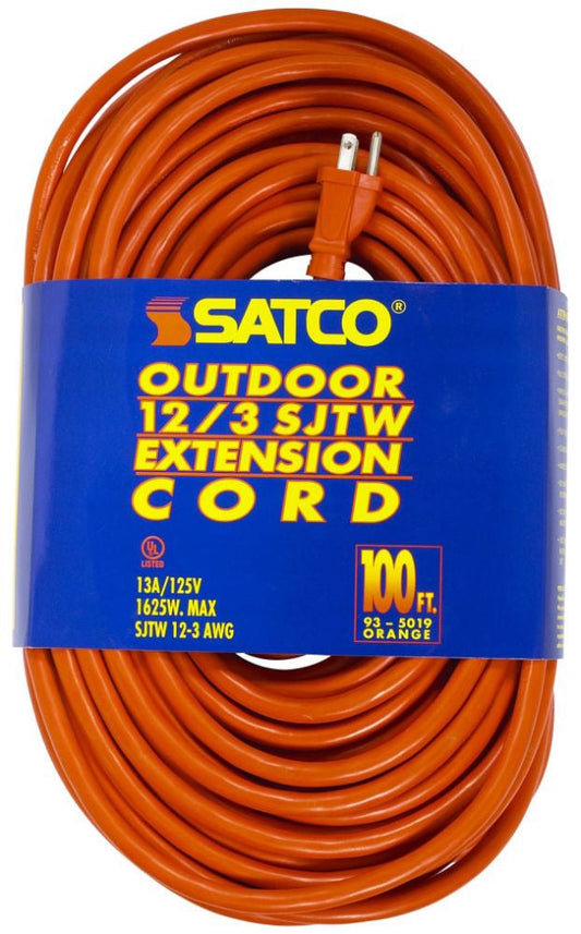 100 Foot Orange Heavy Duty Outdoor Extension Cord; 12/3 Ga. SJTW-3 Orange Cord With Sleeve; 13A-125V; 1625W