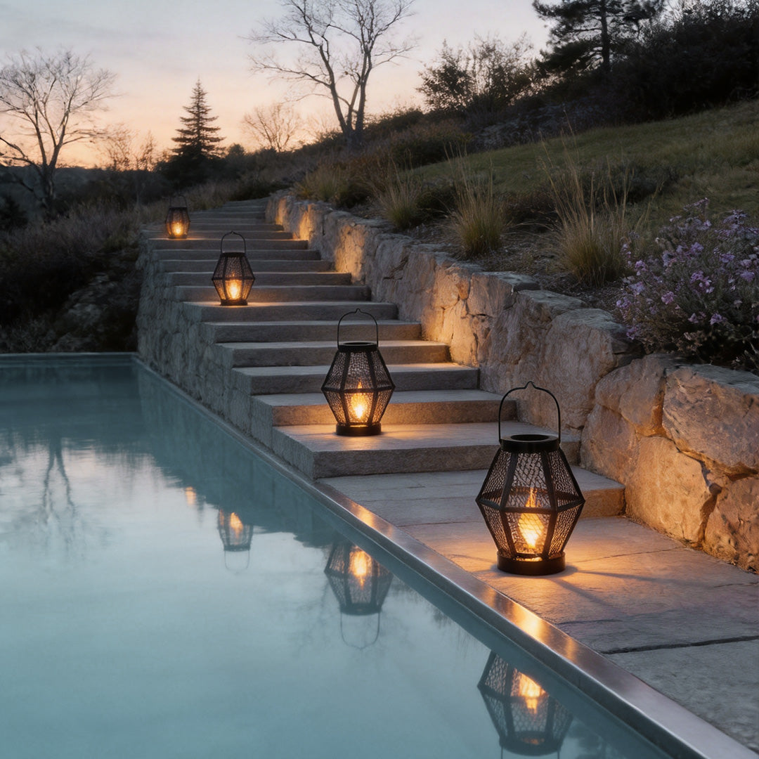 【2 PCS】Portable Lantern Lamp Solar Iron Mesh Metal Landscape Light