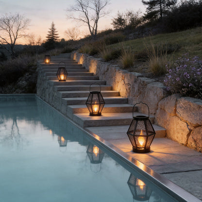 【2 PCS】Portable Lantern Lamp Solar Iron Mesh Metal Landscape Light