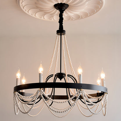 Vintage Wrought Iron Chandelier French Artistic Pearl Ceiling Light