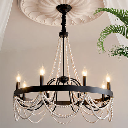 Vintage Wrought Iron Chandelier French Artistic Pearl Ceiling Light