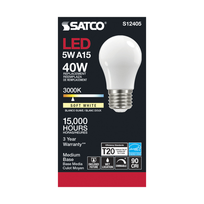5 Watt LED A15; Soft White; 3000K; Medium base; 90 CRI; 120 Volt
