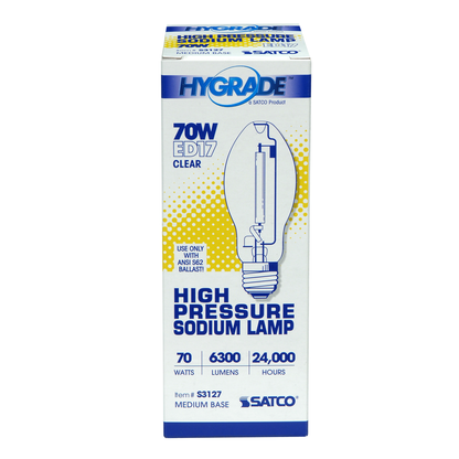 70 Watt; High Pressure Sodium HID; Medium base; ED17; Clear; 22 CRI; 2100K