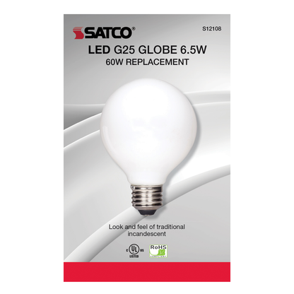 6.5 Watt G25 LED; Soft White; Medium base; 2700K; 650 Lumens; 120 Volt