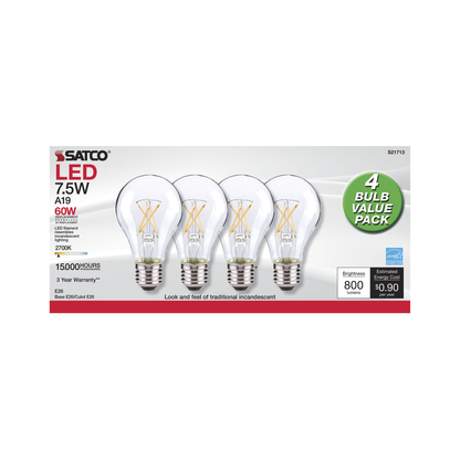 7.5 Watt; A19 LED; Clear; 2700K; Medium base; 120 Volt; 4-Pack
