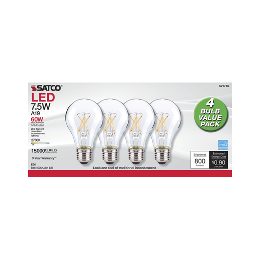 7.5 Watt; A19 LED; Clear; 2700K; Medium base; 120 Volt; 4-Pack