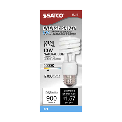 13 Watt; Mini Spiral Compact Fluorescent; 5000K; 82 CRI; Medium base; 120 Volt