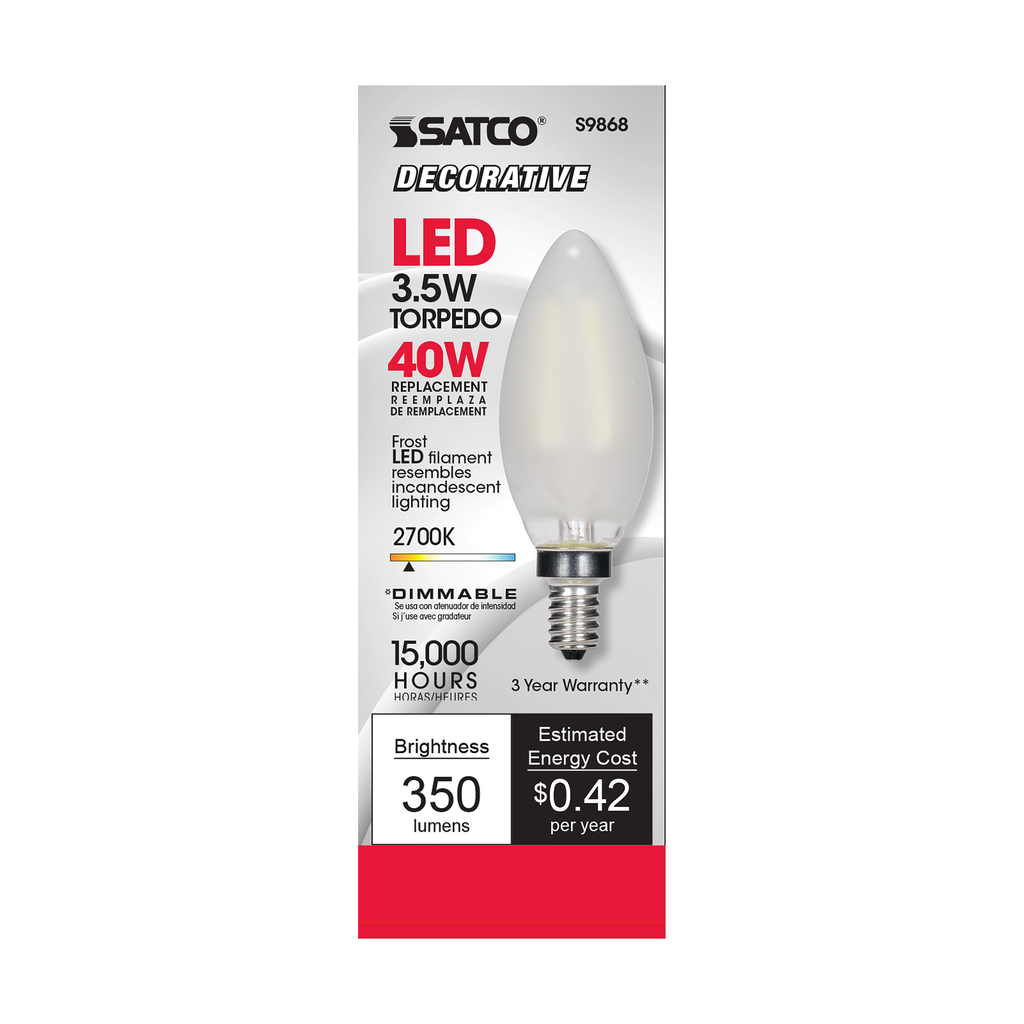 3.5 Watt B11 LED; Frosted; Candelabra base; 2700K; 350 Lumens; 120 Volt