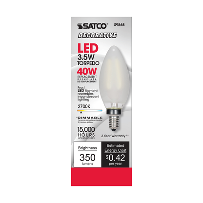 3.5 Watt B11 LED; Frosted; Candelabra base; 2700K; 350 Lumens; 120 Volt