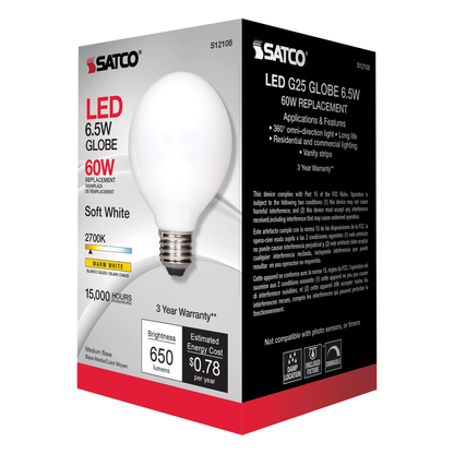 6.5 Watt G25 LED; Soft White; Medium base; 2700K; 650 Lumens; 120 Volt